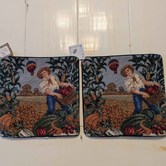 Set of 2 C&F Home Farmer Boy Needlepoint Pillow Covers 14"x14" - Picture 1 of 8